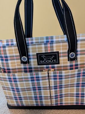 SCOUT Plaid Tote in Tan, Navy & Red with Black Handles
